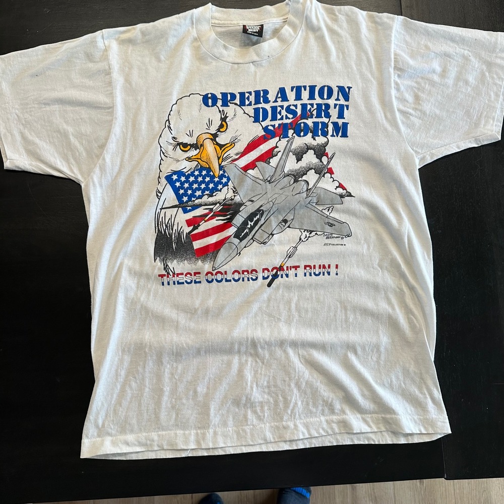 Vintage 1991 Operation Desert Storm T Shirt Screen Stars Eagle Jet XL White USA